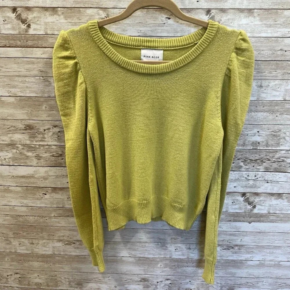 Pink Rose Womens S Sweater NWT Passion Lime Green‎ Puff Long Sleeves Pullover